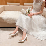 goosudu Spring New White Women Bridal Wedding Shoes Faux Silk Satin Rhinestone Crystal Shallow Pumps Stiletto High Heel T