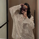 goosudu Turn-down Collar Sequin Woman Blouses White Long Sleeve Casual Elegant Blouses Women Spring Loose Fashion Plus Size Tops