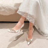 goosudu Spring New White Women Bridal Wedding Shoes Faux Silk Satin Rhinestone Crystal Shallow Pumps Stiletto High Heel T