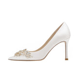 goosudu Spring New White Women Bridal Wedding Shoes Faux Silk Satin Rhinestone Crystal Shallow Pumps Stiletto High Heel T