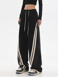 Women Autumn Winter High Waist Contrast Color Drawstring Tie Up Sweatpants High Street Wide Leg Straight Cylinder Lady Trousers