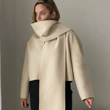 Elegant Woolen Trench Scarf Collar Coat Women Fashion Vintage Windbreakers Jacket Winter Loose Single Breasted Warm Outerwear