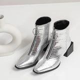 Big Size 34-48 Ankle Boots Women Silver Black Front Zipper Short Boots Ladies Thick Chunky Medium Heel Biker Boot Shoes