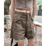 Khaki Women's Cargo Denim Short Pants High Waist Wide Leg American Streetwear Summer Vintage Casual Baggy Straight Cargo Trouser