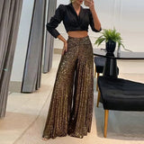 Goosudu Elegant Shinny Sequin Long Pants Women Fashion High Waist Draped Loose Trousers Spring Autumn Casual Wide Legger Solid Pant