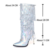 goosudu  Fashion Pointed Toe Fringe Sequined Mid Calf Boots For Women Zip Metallic Glitter Sexy Elegant Dress Long Shoes