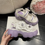 Womens Lolita Flowers Peep Toe Gothic Punk Platform Sandals Shoes Creepers Japanese Harajuku Belt Buckle Black White