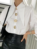 Women Shirts French Vintage Blouse White Spring Button Up Shirt Pointed Collar Long Puff Sleeve Pearl Button Solid Tops