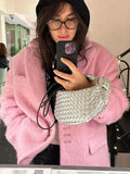 Pink Lapel Woolen Elegant Women Autumn Winter Coat Long Sleeve Single Breasted Loose Oversized Jacket Chic Casual Outwears