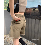 Khaki Women's Cargo Denim Short Pants High Waist Wide Leg American Streetwear Summer Vintage Casual Baggy Straight Cargo Trouser