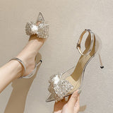 Crystal Bowknot Pumps Women Transparent Pvc Thin Heels Wedding Party Shoes Woman Bling Rhinestones High Heels Shoes