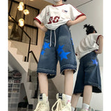 Women's Short Blue Summer Printing High Waist Jeans Y2K Baggy Straight Five Points Trousers Vintage Wide Leg Black Short Pants