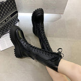 goosudu Women Motorcycle Boots Wedges Flat Shoes Woman High Heel Platform PU Leather Boots Lace Up Women Shoes Black Boots Girls