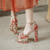 goosudu Luxury Gold Metallic Women Sandals Studded Square Heels Female Shoes Platform Flower Crystal Sexy Peep Toe Summer Ladies Pumps