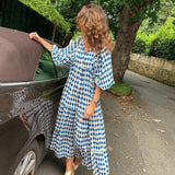 Women Boho Maxi Dress Floral Geometric Print Summer Holiday Dress V Neck Ankle-length Collage Drawstring Loose Vestidos Bobe