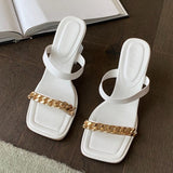 Transparent Chunky Heels Mules Slippers Ladies Fashion Metal Chain Design Pink Sandals For Women Open Toe Gladiator Shoes Slides