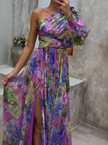 Drauuing Purple Print Side Split One Sleeve Maxi Dress Sexy Hight Split Loose Hem One Shoulder Print Beach Party Dresses