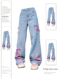 Women's Blue Butterfly Jeans Baggy Vintage Y2k Denim Trousers 2000s Harajuku Wide Leg Cowboy Pants Trashy 90s Aesthetic Clothes