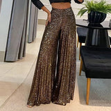 Goosudu Elegant Shinny Sequin Long Pants Women Fashion High Waist Draped Loose Trousers Spring Autumn Casual Wide Legger Solid Pant