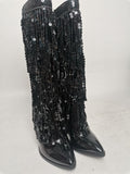 Fashion Pointed Toe Fringe Sequined Mid Calf Boots For Women Zip Metallic Glitter Sexy Elegant Dress Long Shoes