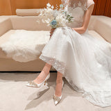 goosudu Spring New White Women Bridal Wedding Shoes Faux Silk Satin Rhinestone Crystal Shallow Pumps Stiletto High Heel T