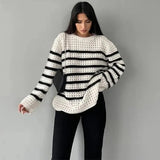 Black and White Striped Sweater Woman Hollow Out Knitted Jumper Oversized Sweater Autumn Winter Pullover Knitwear