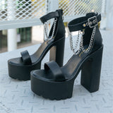 goosudu Open Toe Metal Chain Chunky Heeled Strappy Sandals For Women Platform Block High Heels Summer Black Punk Shoes Woman