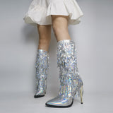 Fashion Pointed Toe Fringe Sequined Mid Calf Boots For Women Zip Metallic Glitter Sexy Elegant Dress Long Shoes