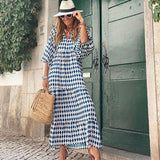 Women Boho Maxi Dress Floral Geometric Print Summer Holiday Dress V Neck Ankle-length Collage Drawstring Loose Vestidos Bobe