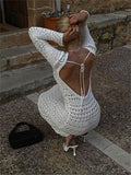 Backless Tie Up Knit Crochet Beach Long Dress Women Fall Spring Hollow-Out O-Neck Wrap Bodycon Dress Holiday Party Wear