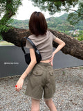 Khaki Women's Cargo Denim Short Pants High Waist Wide Leg American Streetwear Summer Vintage Casual Baggy Straight Cargo Trouser