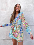 Multicolor Ruffles Print Long Sleeve Chiffon Boho Summer Women Dress Single Breasted Sash Short Beach Holiday Boho Vestidos