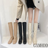 goosudu New Winter Style with Fleece Medium Chunky Heel Knight Boots Women's High Tube Thinner-looked High Heel Shorty Long Boots