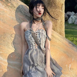 Long Fairy Dress Vintage Princess Drawstring Wrap Chest Backless Spaghetti Strap Dress Women Summer Organza Beach Dress