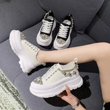 Women Chunky Sneakers Rhinestone Platform Sports Shoes Summer Height Increasing Casual Shoes 7CM High Heels Women Canvas Shoe