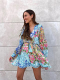 Multicolor Ruffles Print Long Sleeve Chiffon Boho Summer Women Dress Single Breasted Sash Short Beach Holiday Boho Vestidos