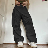 Women Oversized Tech Pants Casual Solid Drawstring Low Waist Baggy Trousers Y2K Vintage Hippie Joggers Cargo Pants Streetwear