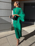 Beading Dark Green Stand Collar Flare Sleeve Satin Maxi Dress Party Women Elegant Long Spring Summer Robe Vestidos