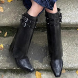 Autumn Cowboy Boots For Women Fashion Slip On Long Pipe Boots Female Square High Heel Trend Winter Footwear