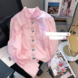 Pink Blouses Women Button Up Shirts French Embroidery Floral Loose Long Sleeve Cotton Casual Spring Sweet Chic Tops