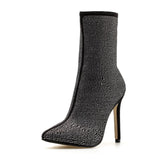 goosudu New Women  Ankle Boots Plus Size 35-42 Rhinestones High Heels Shoes Woman Zip Pointed Toe Sexy Motorcycle Boots for Females