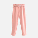 Goosudu  Women's Pants High Waist With Belt Classic Pockets Office Lady Ankle Length Trousers Female Spring Fashion Pink Harem Pants