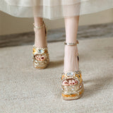 goosudu Luxury Gold Metallic Women Sandals Studded Square Heels Female Shoes Platform Flower Crystal Sexy Peep Toe Summer Ladies Pumps