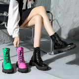 Lace Up Pink Ankle Boots Woman Patent Leather Platform Motorcycle Boots Woman Thick Heels Zipper Short Booties