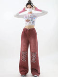 Women's Vintage Red Baggy Jeans 90s Aesthetic High Waist Denim Trousers Korean 2000s Y2k Harajuku Wide Pants Trashy Clothes