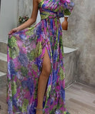 Drauuing Purple Print Side Split One Sleeve Maxi Dress Sexy Hight Split Loose Hem One Shoulder Print Beach Party Dresses