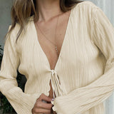 Women Pleated Plain Shirts Spring Fall Chic Long Flare Sleeve V- Neck Tie Up Cardigans Tops for Casual Party Street