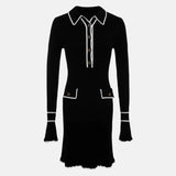 Ruffled Fashion Knit Dress Women Autumn Ribbed Contrast Long Sleeve High Waist Lapel Gown Dress Knitwear Ladies Maxi Dress