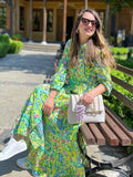 Paisley Print Shirt Dress Elegant Autumn Spring Green Dress Floral Print Boho Female Maxi Dress Long Sleeve Dress