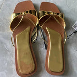 Women's Summer Gold Kbot Flat Sandal Sexy Thin Straps Luxury Slippers Square Toe Flip Flops Casual Beach Flats